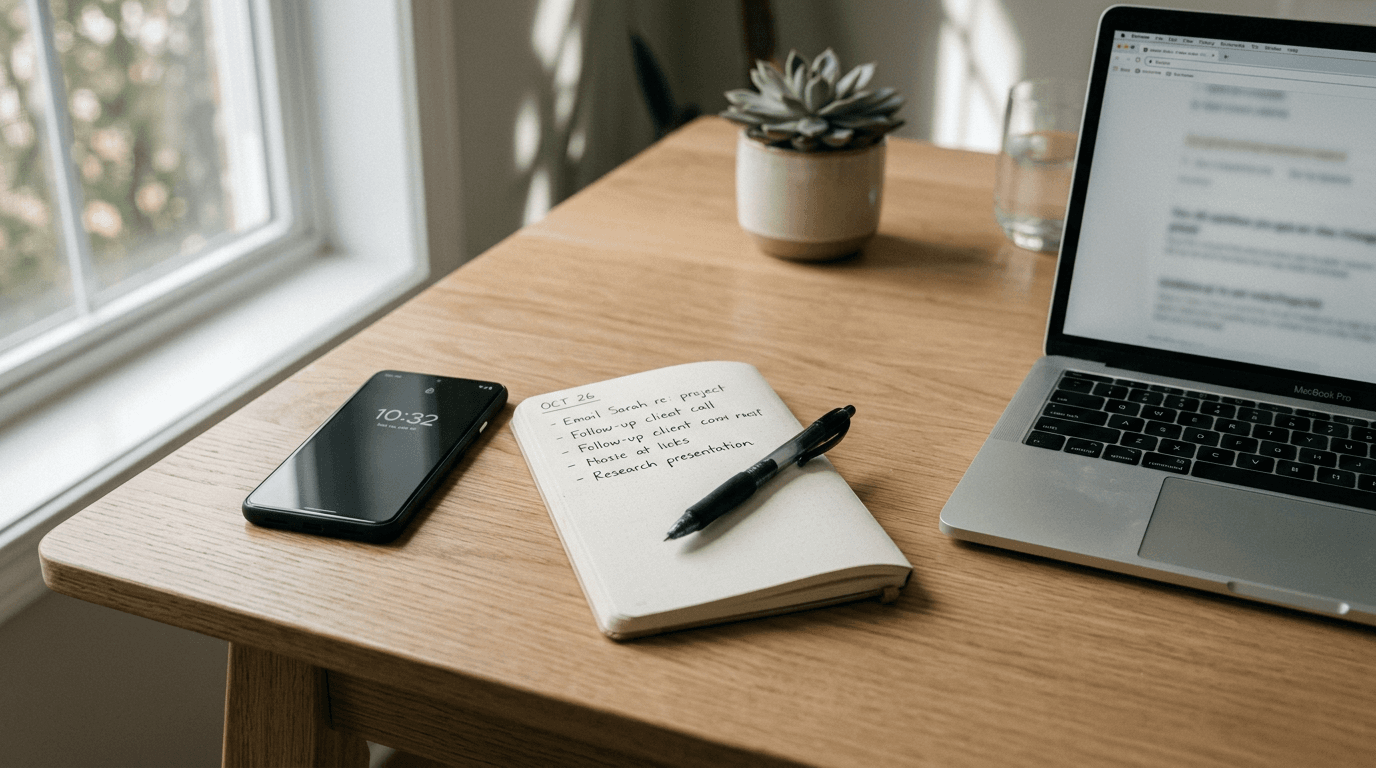 A smartphone and notebook on a clean desk — get in touch with Hubfort