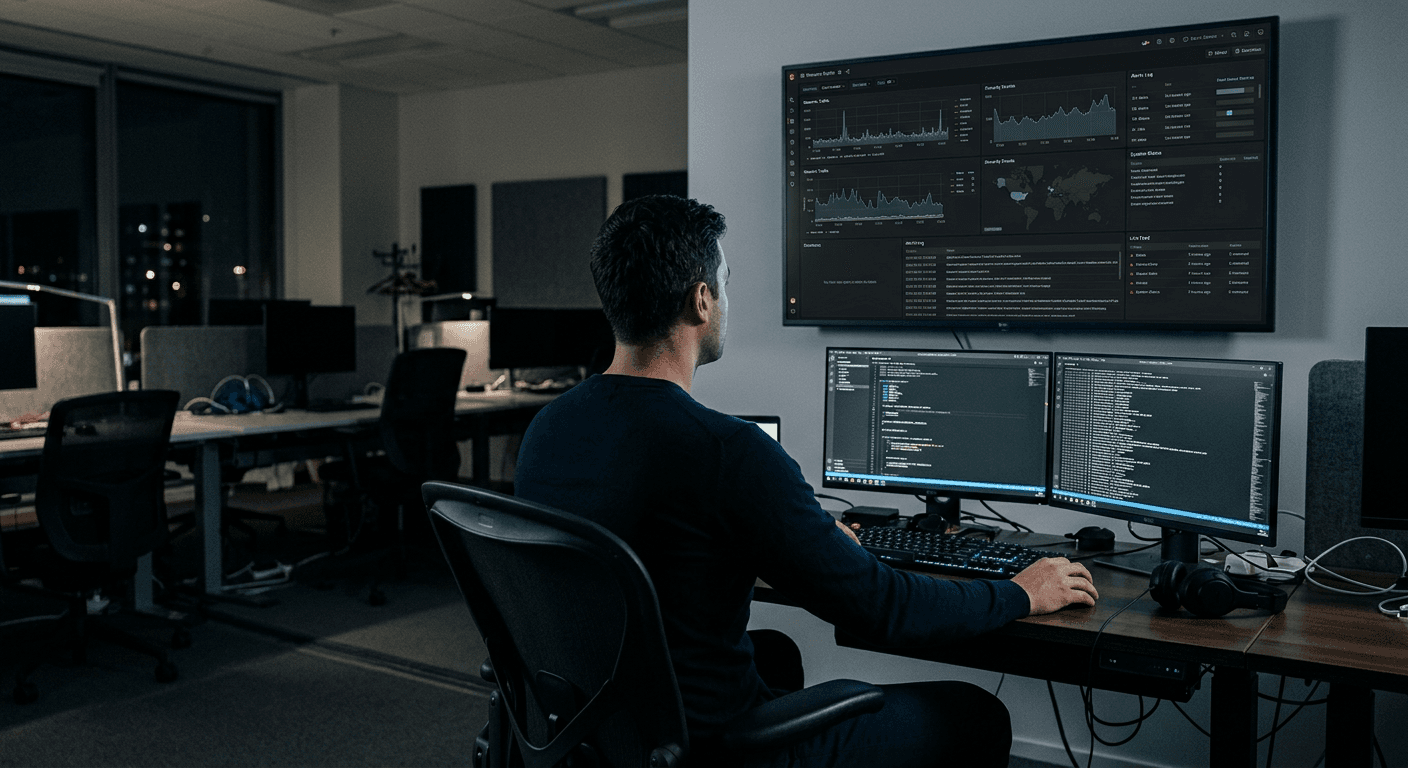 Security analyst monitoring a wall of operations dashboards at night
