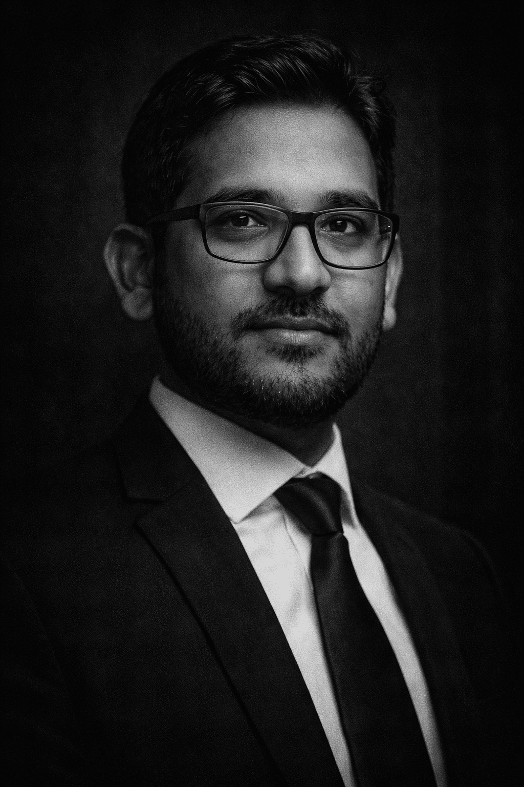 Hubfort team member in a formal black and white portrait